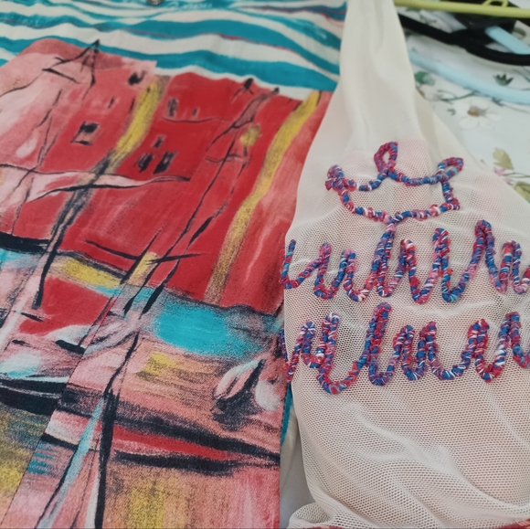 Save the Queen mixed media button front top sailboat print mesh 3/4 sleeves LG - Picture 12 of 14